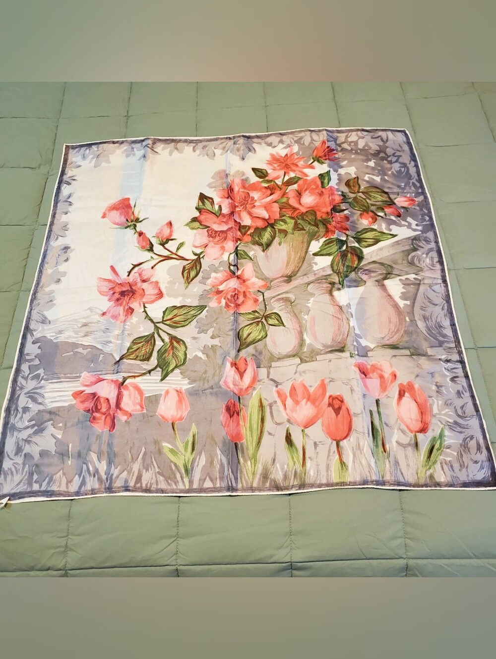 Floral Pink Floral Print Scarf, Made In France, Vintage, 30 By 30 Inches